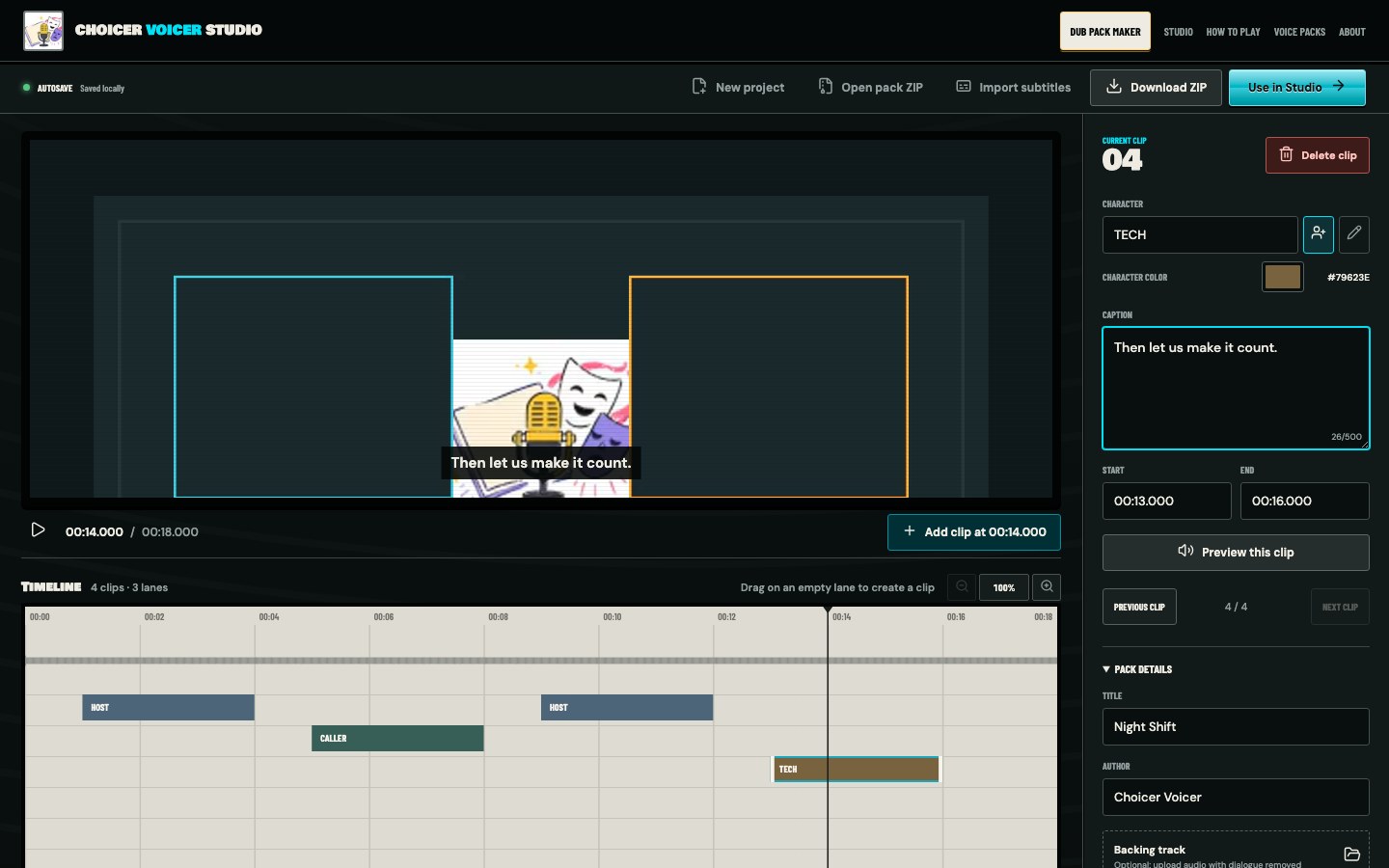 Pack Maker editor with four clips across three character lanes